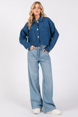 Cropped Denim-Style Jacket with Button-Down Front-CLASSIC BLUE