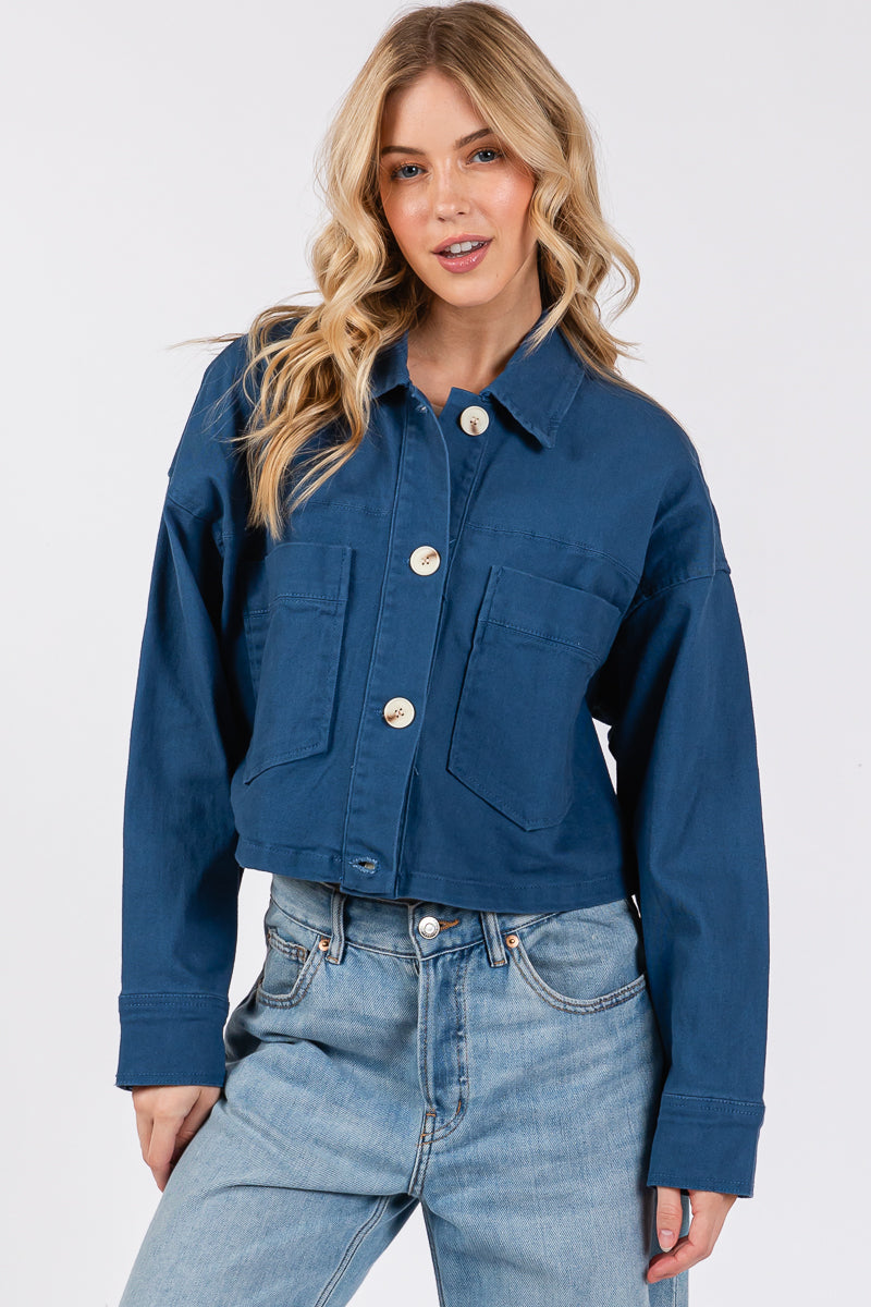 Cropped Denim-Style Jacket with Button-Down Front-CLASSIC BLUE