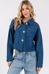 Cropped Denim-Style Jacket with Button-Down Front-CLASSIC BLUE