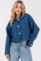 Cropped Denim-Style Jacket with Button-Down Front-CLASSIC BLUE