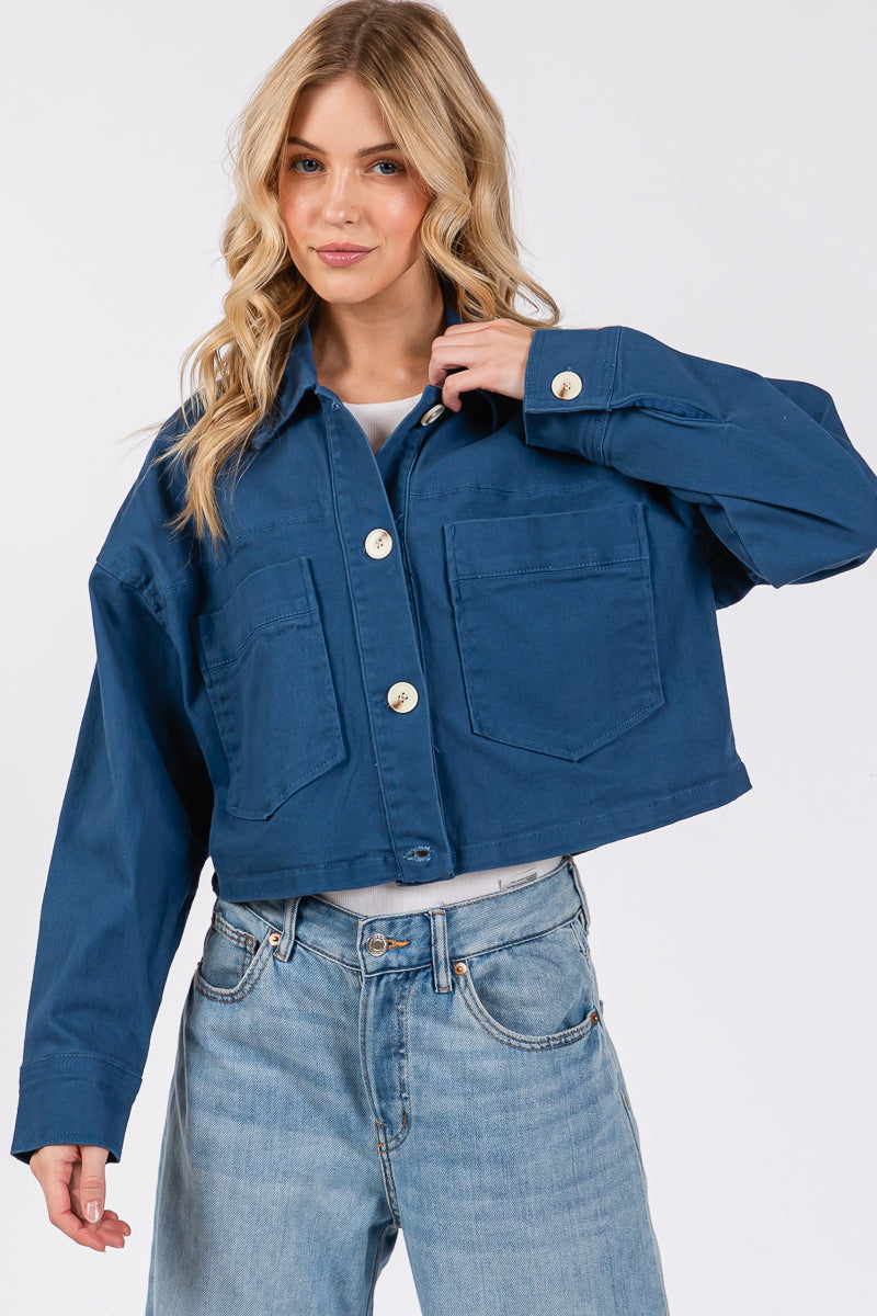 Cropped Denim-Style Jacket with Button-Down Front-CLASSIC BLUE