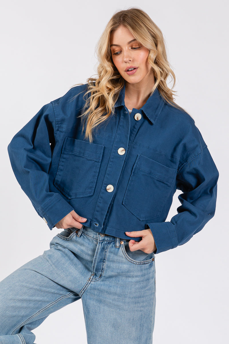 Cropped Denim-Style Jacket with Button-Down Front-CLASSIC BLUE