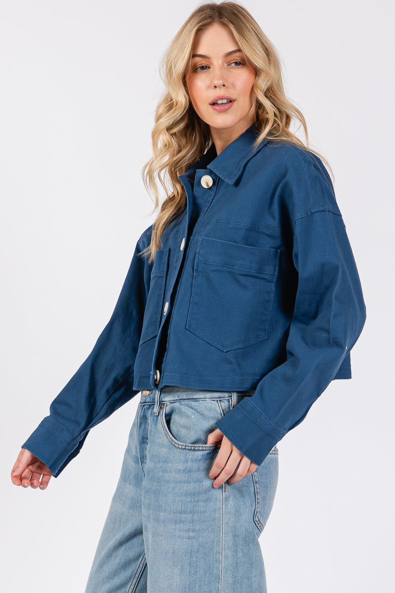 Cropped Denim-Style Jacket with Button-Down Front-CLASSIC BLUE