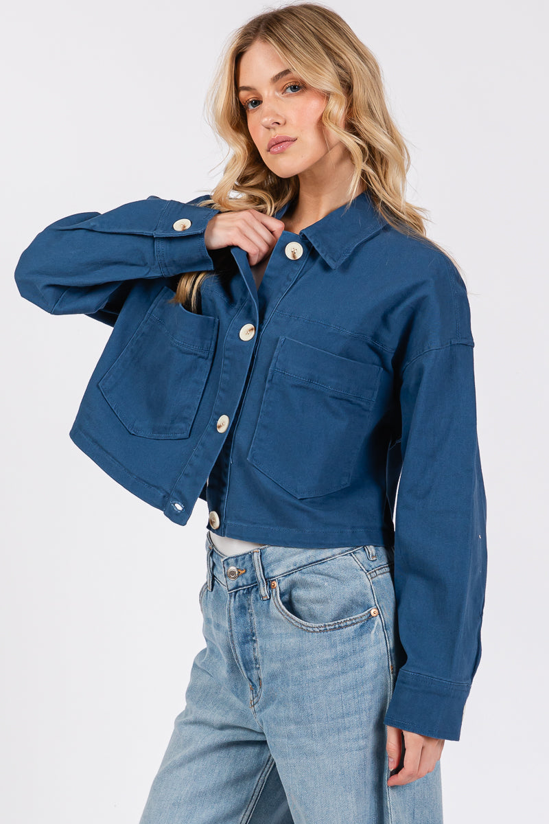 Cropped Denim-Style Jacket with Button-Down Front-CLASSIC BLUE