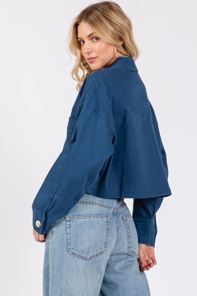 Cropped Denim-Style Jacket with Button-Down Front-CLASSIC BLUE