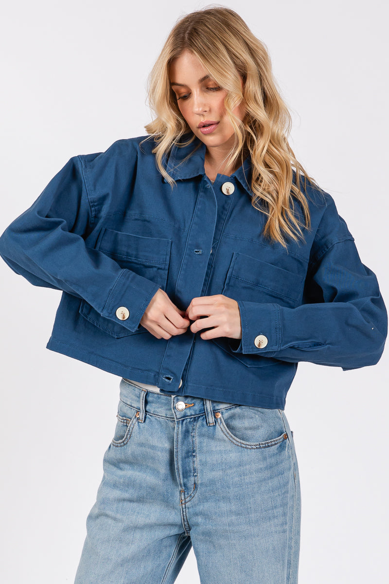 Cropped Denim-Style Jacket with Button-Down Front-CLASSIC BLUE