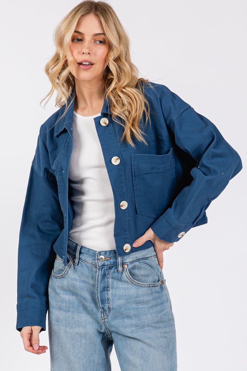 Cropped Denim-Style Jacket with Button-Down Front-CLASSIC BLUE