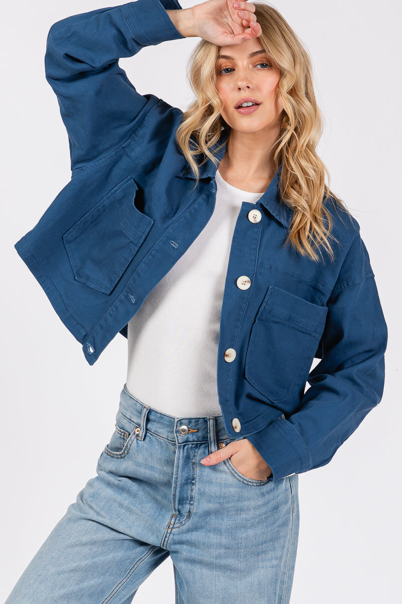 Cropped Denim-Style Jacket with Button-Down Front-CLASSIC BLUE