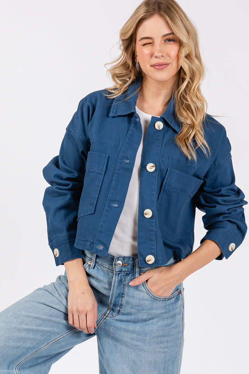 Cropped Denim-Style Jacket with Button-Down Front-CLASSIC BLUE