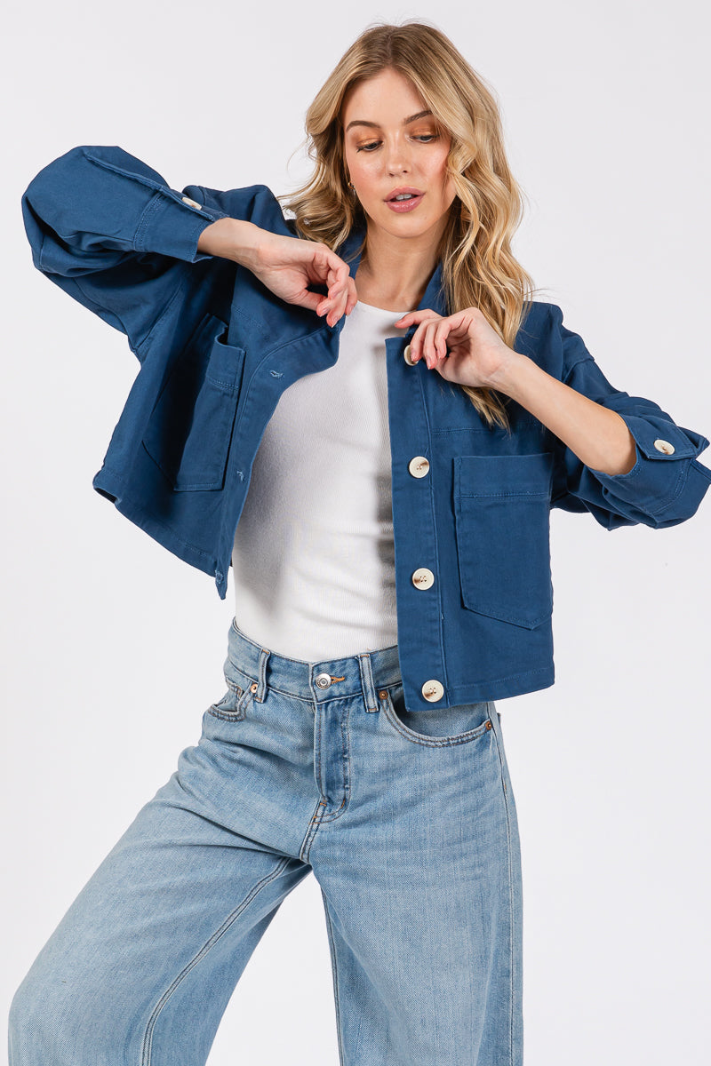 Cropped Denim-Style Jacket with Button-Down Front-CLASSIC BLUE