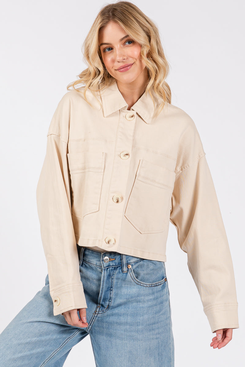 Cropped Denim-Style Jacket with Button-Down Front-CLASSIC BLUE