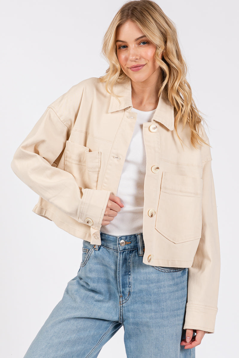 Cropped Denim-Style Jacket with Button-Down Front-TAUPE