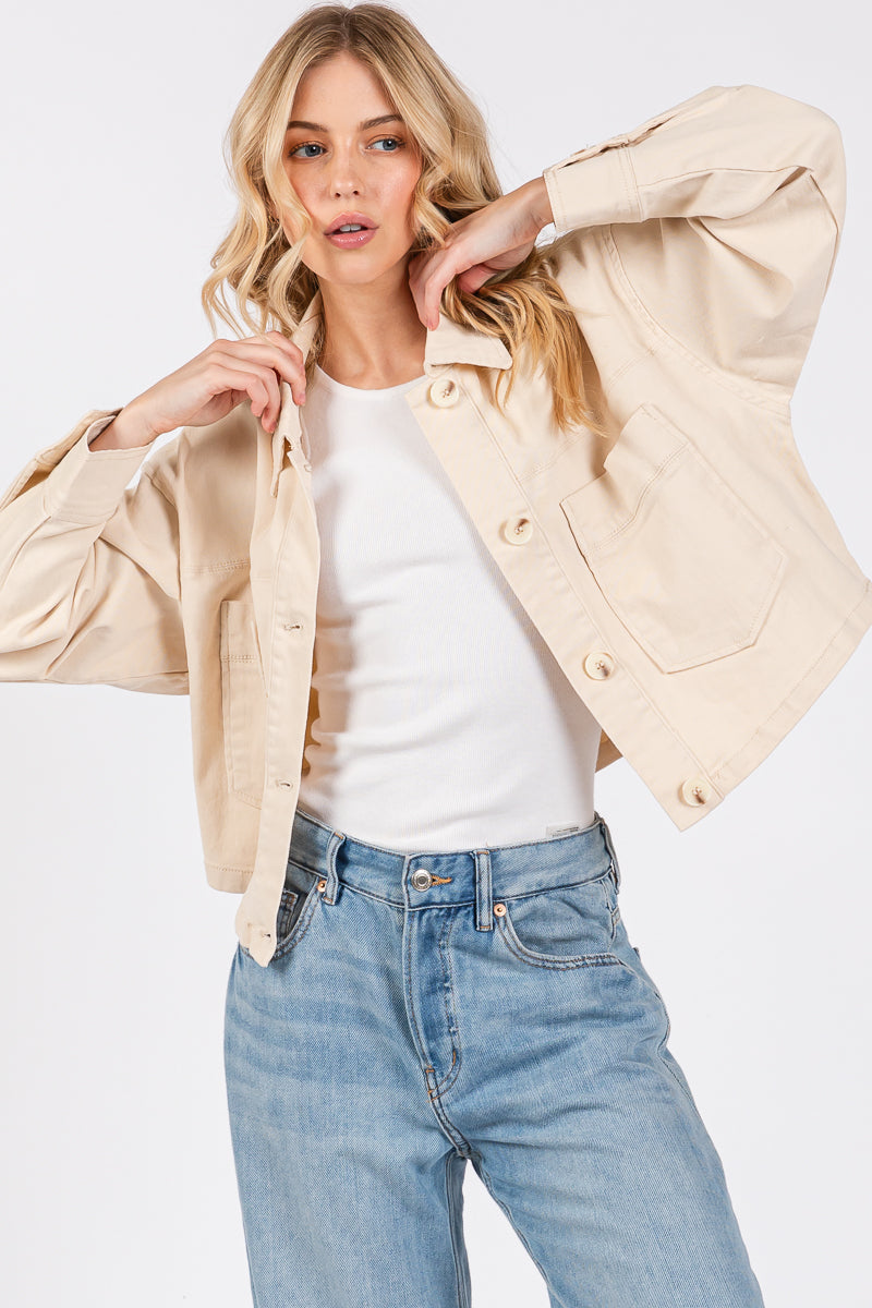 Cropped Denim-Style Jacket with Button-Down Front-CLASSIC BLUE