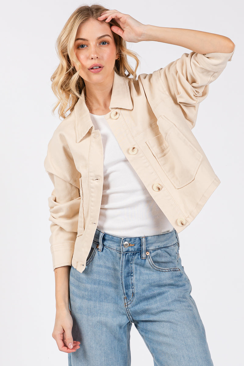 Cropped Denim-Style Jacket with Button-Down Front-CLASSIC BLUE