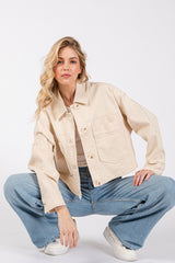 Cropped Denim-Style Jacket with Button-Down Front-TAUPE