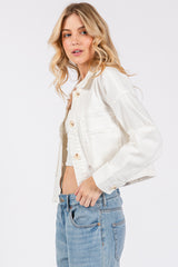 Cropped Denim-Style Jacket with Button-Down Front-WHITE