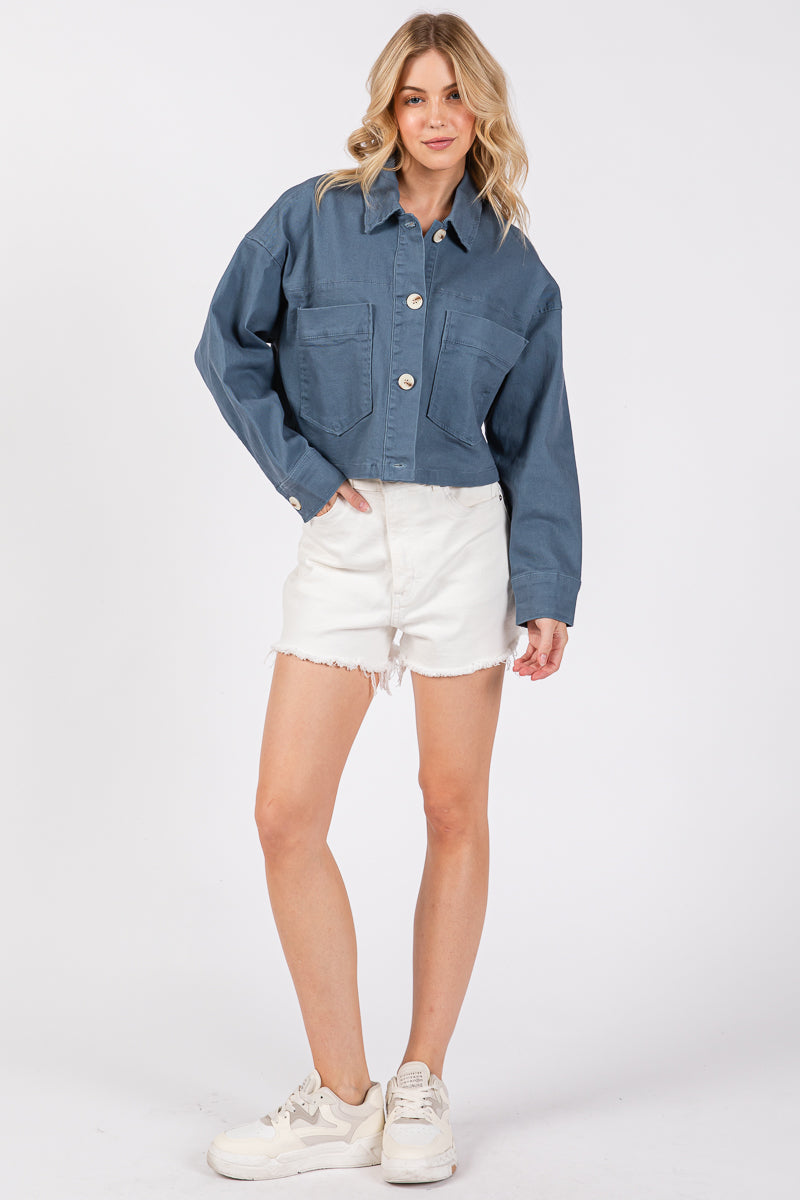 Cropped Denim-Style Jacket with Button-Down Front-CLASSIC BLUE