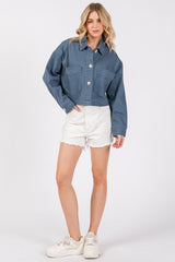 Cropped Denim-Style Jacket with Button-Down Front-BLUE GREY