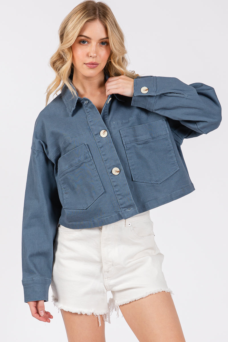 Cropped Denim-Style Jacket with Button-Down Front-CLASSIC BLUE