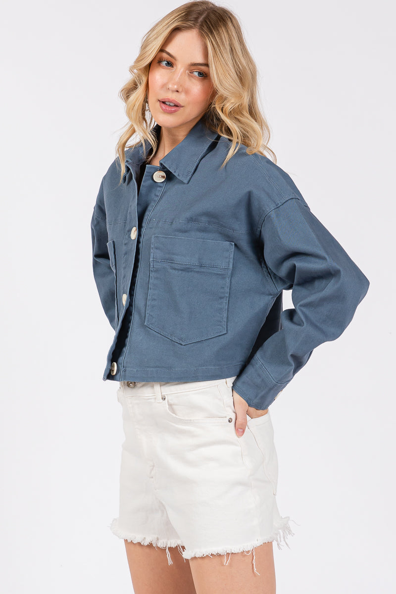 Cropped Denim-Style Jacket with Button-Down Front-CLASSIC BLUE