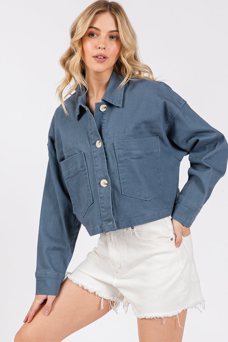 Cropped Denim-Style Jacket with Button-Down Front-CLASSIC BLUE