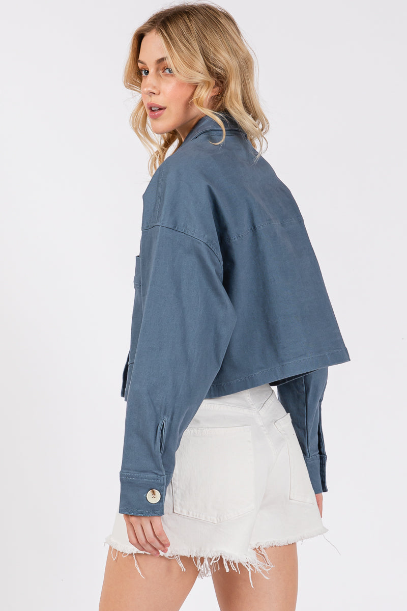 Cropped Denim-Style Jacket with Button-Down Front-CLASSIC BLUE