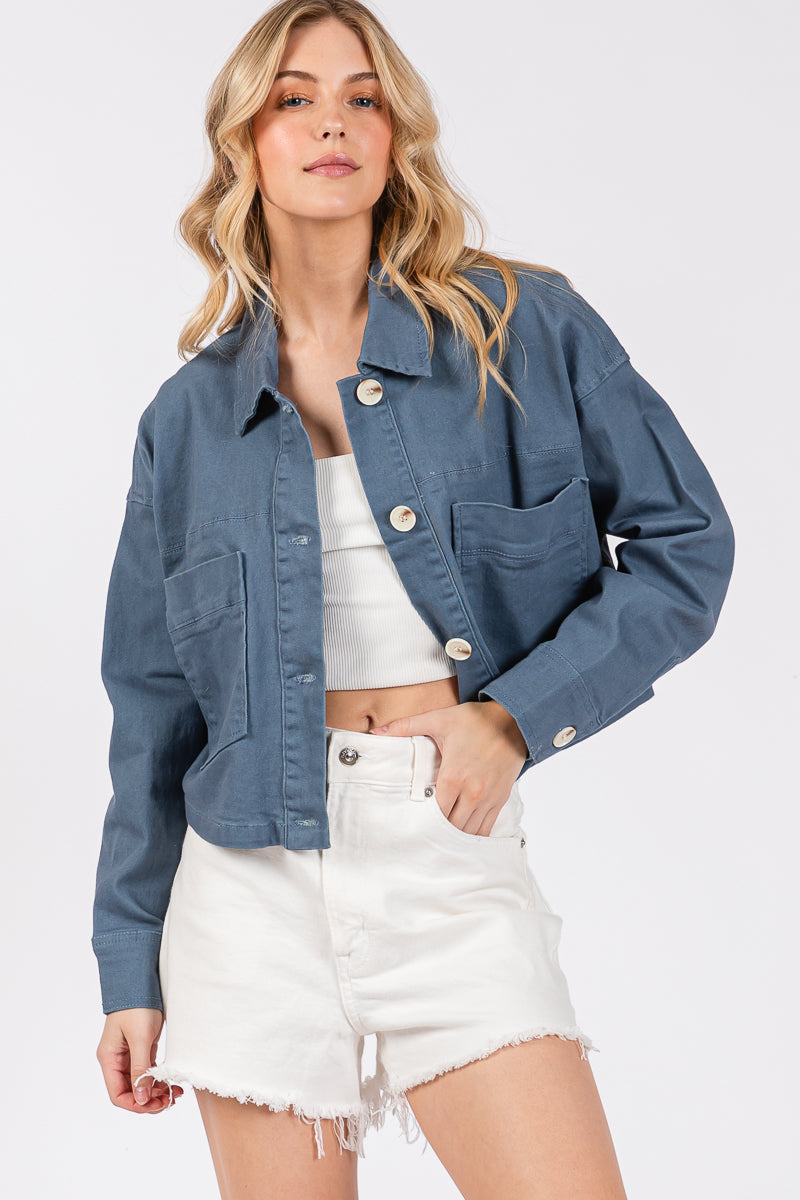 Cropped Denim-Style Jacket with Button-Down Front-CLASSIC BLUE