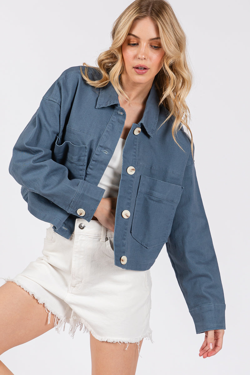 Cropped Denim-Style Jacket with Button-Down Front-CLASSIC BLUE