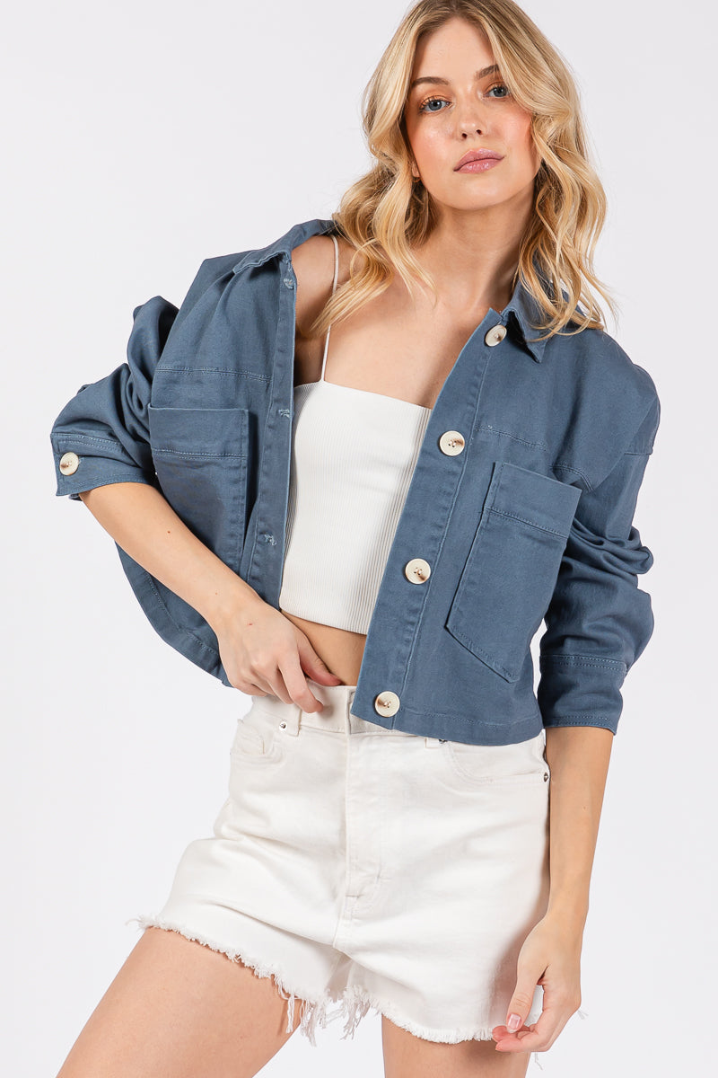 Cropped Denim-Style Jacket with Button-Down Front-CLASSIC BLUE