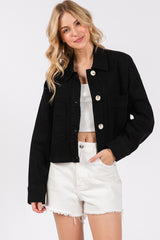 Cropped Denim-Style Jacket with Button-Down Front-BLACK