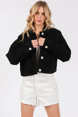 Cropped Denim-Style Jacket with Button-Down Front-BLACK