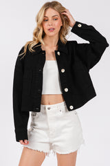 Cropped Denim-Style Jacket with Button-Down Front-BLACK