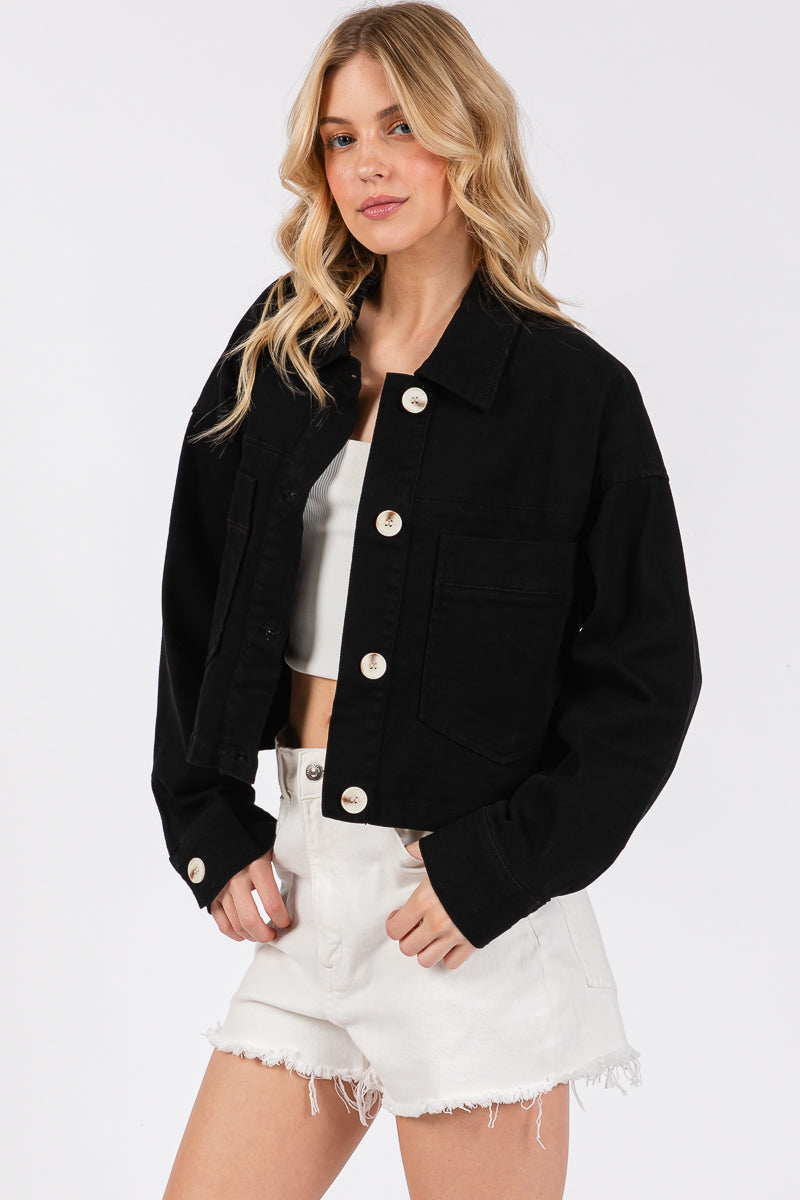 Cropped Denim-Style Jacket with Button-Down Front-CLASSIC BLUE