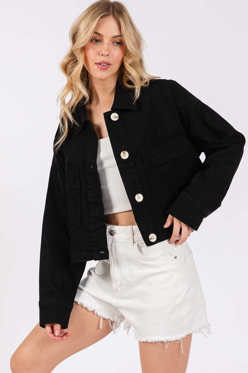 Cropped Denim-Style Jacket with Button-Down Front-CLASSIC BLUE